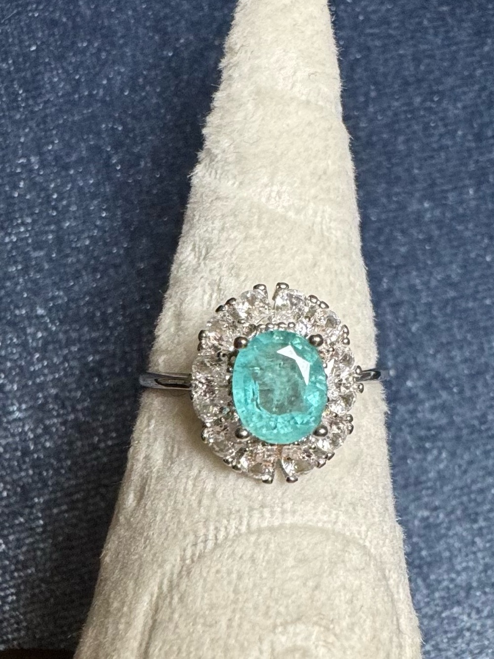 S925 emerald oval 1ct ring halo vintage size 6.75 7 sterling silver
